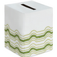 Mod Bath Collection square premium linen tissue box cover with a top opening and green wavy line embroidery at the base.