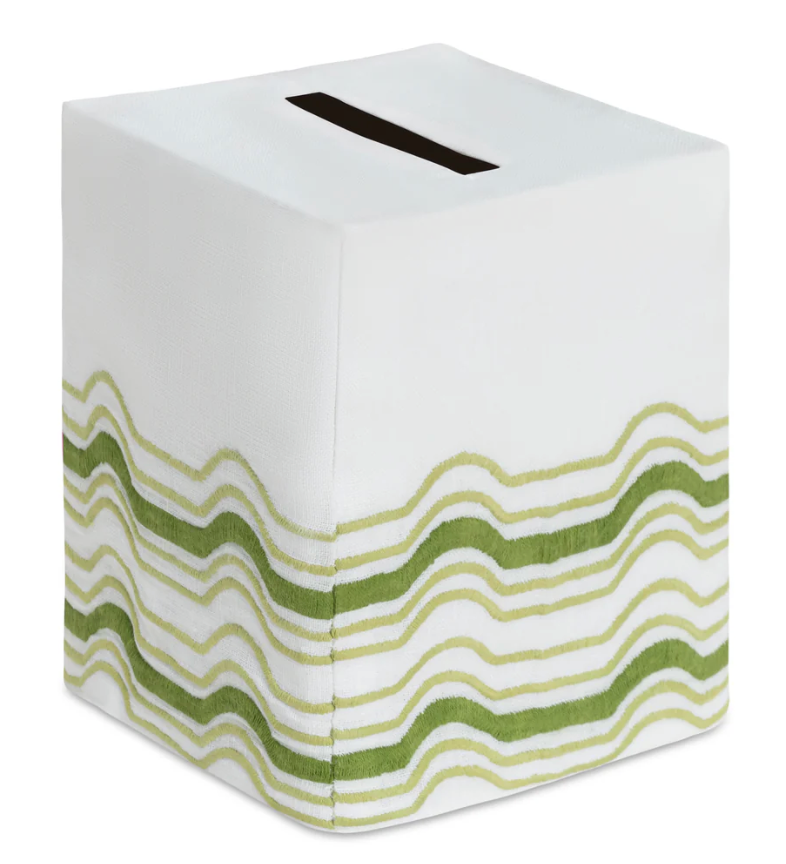 Mod Bath Collection square premium linen tissue box cover with a top opening and green wavy line embroidery at the base.