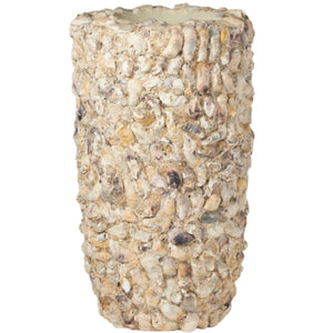 The Made Goods Borsala Oyster Shell Planter, Large, features a textured convex design embellished with small, raw oyster shells for a natural, organic look.