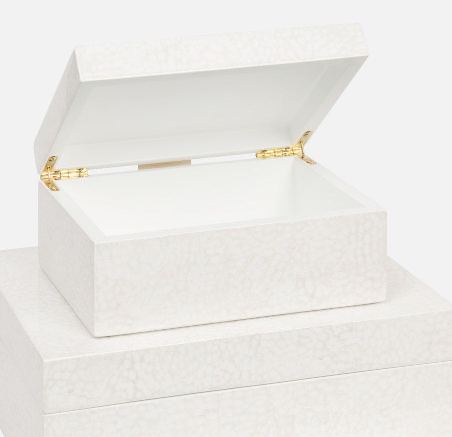 A white, lacquered eggshell rectangular box with a hinged lid open, displaying an empty interior is the Made Goods Della Box, Large.