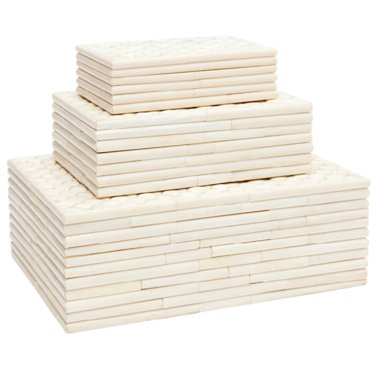 Three stacks of rectangular, light-colored tiles from the Malloy Box Collection by Made Goods are arranged in ascending order on a white background, highlighting their subtle bone pattern.