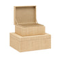 Two beige fabric-covered Made Goods Valeria Boxes, Large are shown, one stacked on top of the other. The top box is open, revealing an empty interior.
