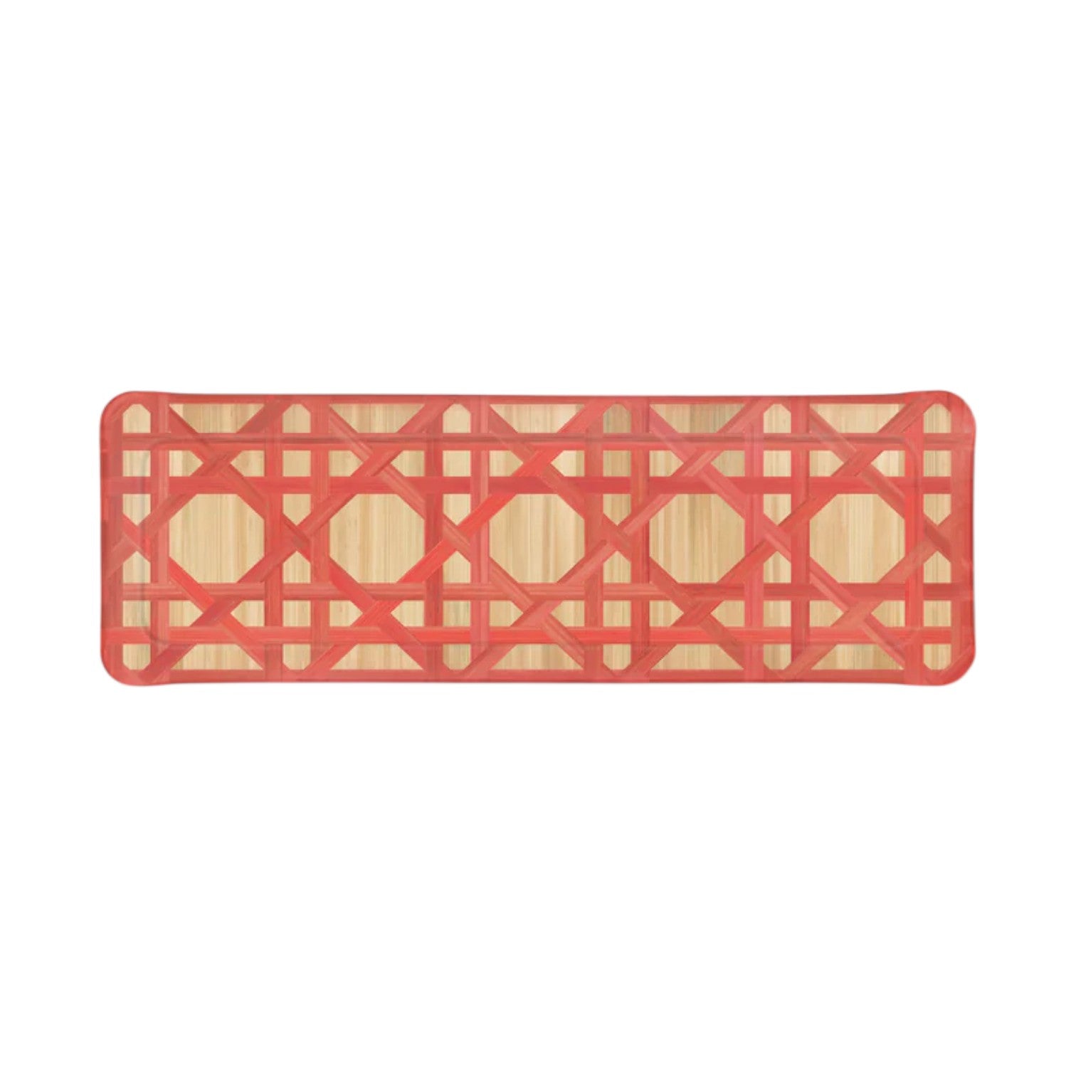 The Epoch Versailles Collection by HestiaLiving features a rectangular bamboo mat with red geometric lattice and rounded corners, ideal for al fresco dining or holiday entertaining, shown from above on a white background.