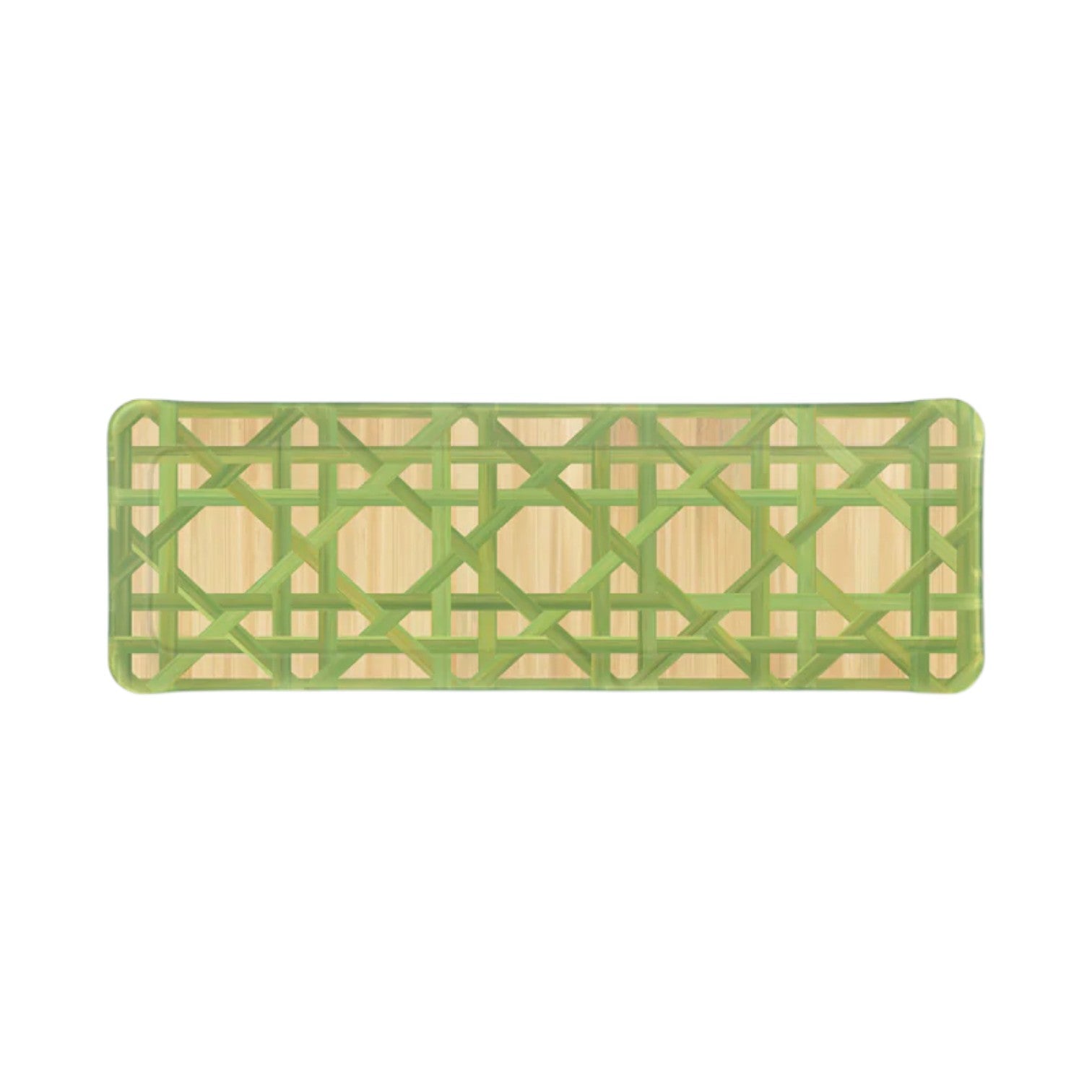 The Epoch Versailles Collection by HestiaLiving features a rectangular bamboo tray with a green lattice pattern inspired by woven caning, shown from above on a white background.