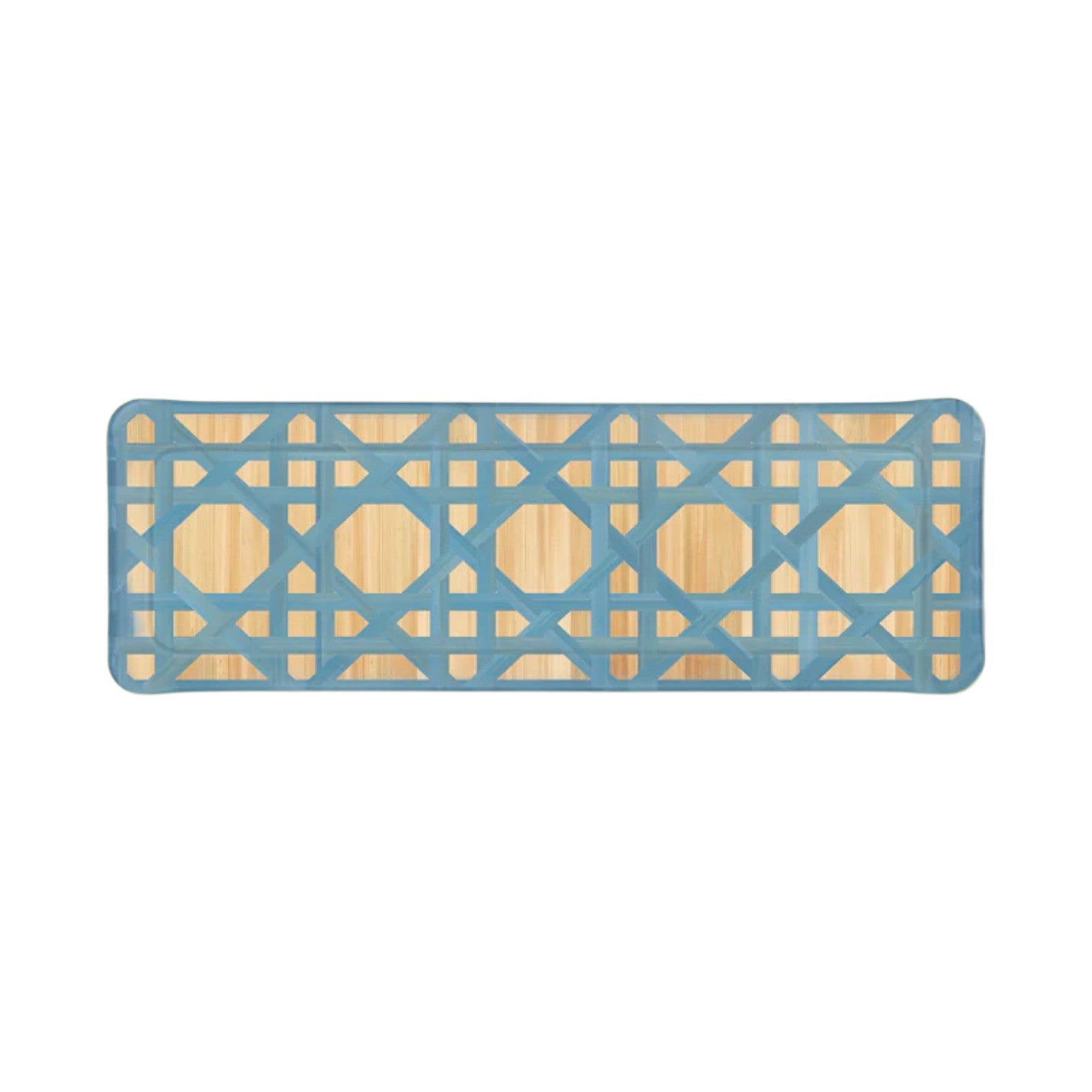 The Epoch Versailles Collection mat by HestiaLiving features a wooden slat design with a blue geometric lattice overlay, ideal for al fresco dining or holiday entertaining.