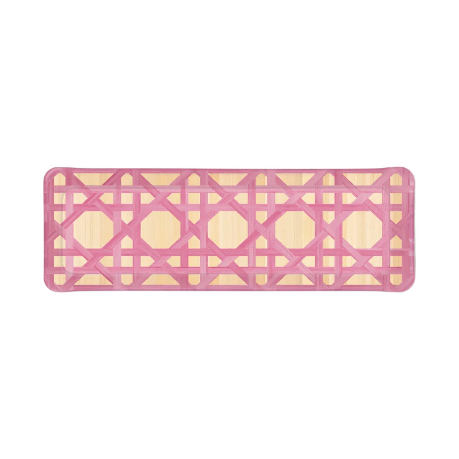 The Epoch Versailles Collection tray by HestiaLiving features a pink lattice pattern on light wood, ideal for al fresco dining or festive entertaining, viewed from above.