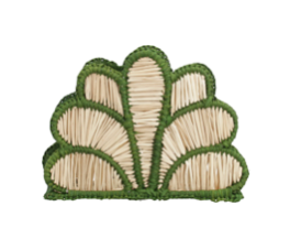 The Rainforest Shell Napkin Holder by Mercedes Salazar is a handwoven raffia piece, featuring a fan or shell shape with green trim, that brings tropical charm from the Colombian rainforest to your table.