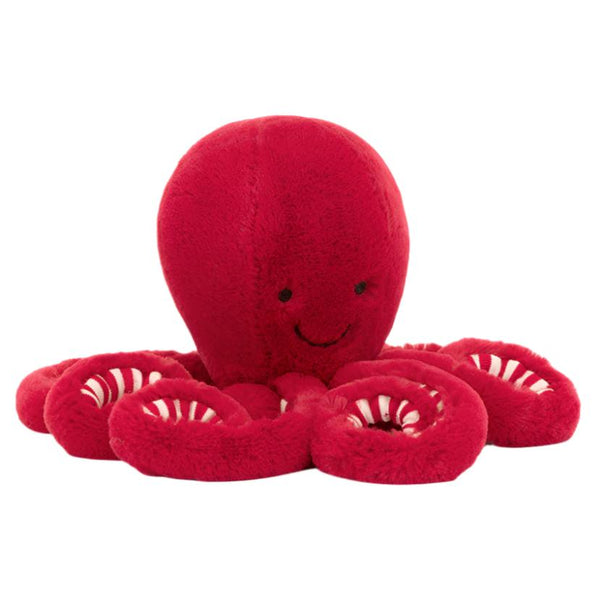 Introducing the Jellycat Cranberry Octopus, Little by Jellycat—a charming red plush toy featuring a smiling face and eight tentacles, ideal for adding a festive touch to your holiday décor.