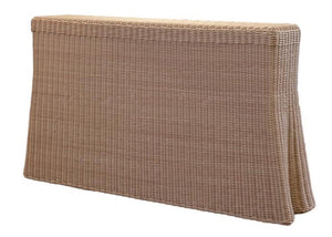 The Outdoor Scallop Console by Mainly Baskets Home is a rectangular synthetic rattan table with a woven texture and flared legs, displayed against a plain white background.