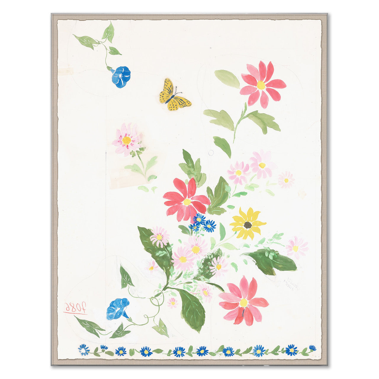 A vibrant botanical illustration entitled "Habitat Naturelle 2" by Paule Marrot, from Soicher Marin, featuring colorful flowers with green leaves and a yellow butterfly on a white background—perfect for admirers of digitally re-mastered prints inspired by classic Paule Marrot designs.