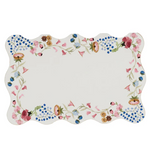 The Sofia Place Card Set by Juliska features a charming floral motif in pink, blue, and yellow on white with scalloped edges—perfect for elevating your table setting.