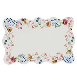 The Sofia Place Card Set by Juliska features a charming floral motif in pink, blue, and yellow on white with scalloped edges—perfect for elevating your table setting.
