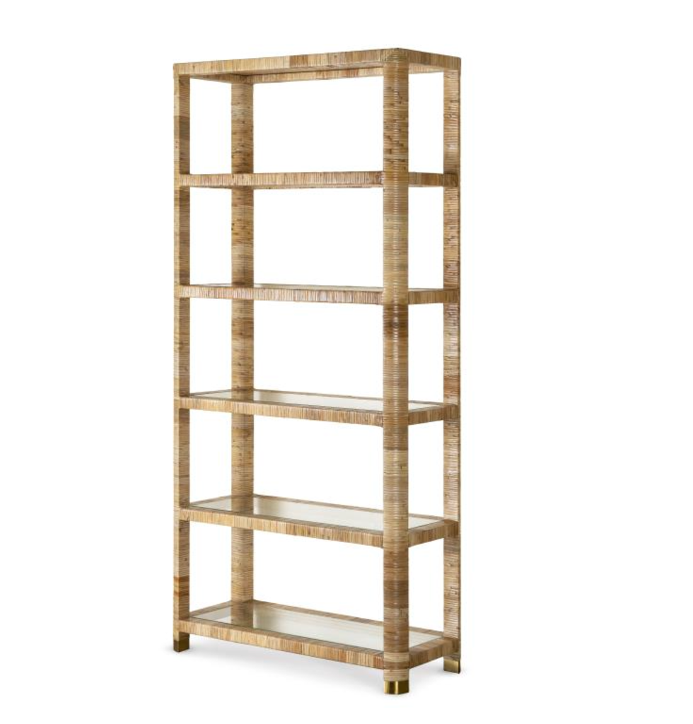 The Briland Etagere by Highland House is a rectangular wooden shelving unit with five open shelves, an open back, vertical design, and a light natural finish.