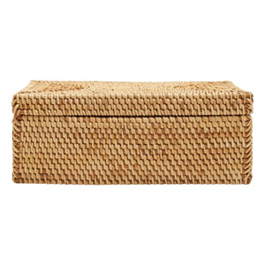 The Made Goods Kymoni Natural Rattan Box, Large, features a close-woven rectangular design with a lid, displayed in natural tones against a white background.