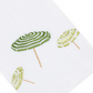 From Haute Home’s Beach Umbrella Bath Collection, this premium white Italian linen tissue box cover features three green and yellow embroidered beach umbrellas with concentric stripe patterns and wooden poles, bringing a touch of coastal elegance and charm to any space.
