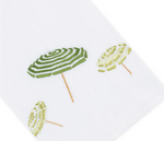 From Haute Home’s Beach Umbrella Bath Collection, this premium white Italian linen tissue box cover features three green and yellow embroidered beach umbrellas with concentric stripe patterns and wooden poles, bringing a touch of coastal elegance and charm to any space.