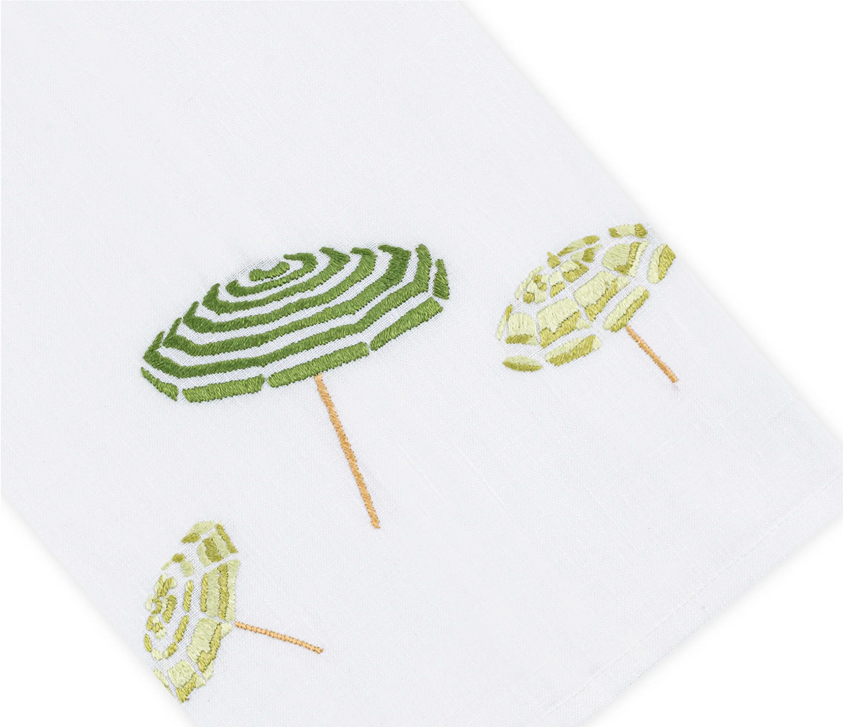 From Haute Home’s Beach Umbrella Bath Collection, this premium white Italian linen tissue box cover features three green and yellow embroidered beach umbrellas with concentric stripe patterns and wooden poles, bringing a touch of coastal elegance and charm to any space.