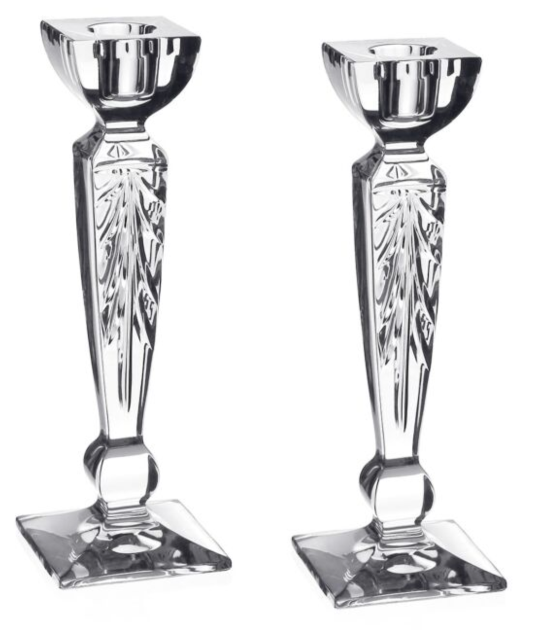 The Iris Candlestick Pair by William Yeoward Crystal features clear, faceted glass with square bases and geometric details—ideal for adding elegance to a mantle or gifting as a wedding present.