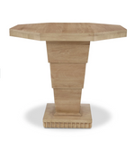 The Burton Side Table by Bunny Williams features an oak octagonal top, a stepped pedestal base, and a square bottom platform—perfect for any living space.