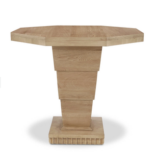 The Burton Side Table by Bunny Williams features an oak octagonal top, a stepped pedestal base, and a square bottom platform—perfect for any living space.