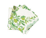 Set of four folded linen cloth napkins from the Citrus Garden Grass Collection by Matouk, featuring Schumacher's fresh green botanicals and bright citrus fruit on a crisp white background.