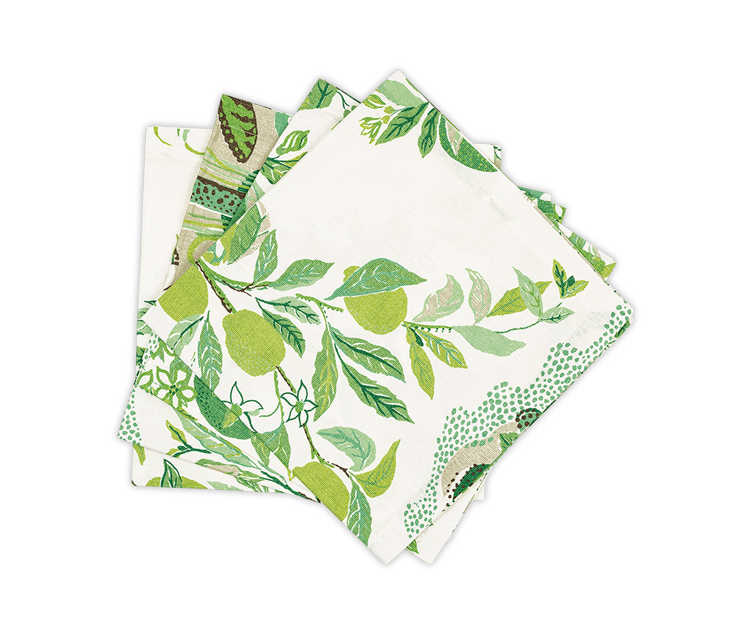 Set of four folded linen cloth napkins from the Citrus Garden Grass Collection by Matouk, featuring Schumacher's fresh green botanicals and bright citrus fruit on a crisp white background.