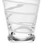 The Bella Bianca Collection by William Yeoward Crystal features clear glass tumblers with elegant white frosted spiral bands. Glasses may contain materials subject to Proposition 65 warning. Shown against a white background.