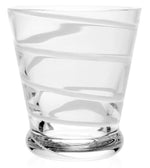 The Bella Bianca Collection by William Yeoward Crystal features clear glass tumblers with elegant white frosted spiral bands. Glasses may contain materials subject to Proposition 65 warning. Shown against a white background.