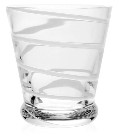 The Bella Bianca Collection by William Yeoward Crystal features clear glass tumblers with elegant white frosted spiral bands. Glasses may contain materials subject to Proposition 65 warning. Shown against a white background.