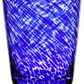 A blue glass tumbler from the Vanessa Blue Drinkware Collection by William Yeoward Crystal features a swirling white optical illusion pattern and a gently tapered shape, shown on a white background.