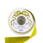 A spool of Hester & Cook Fancy Ribbon in olive green satin, ideal for gift wrapping, featuring a label with scissors and a bow.