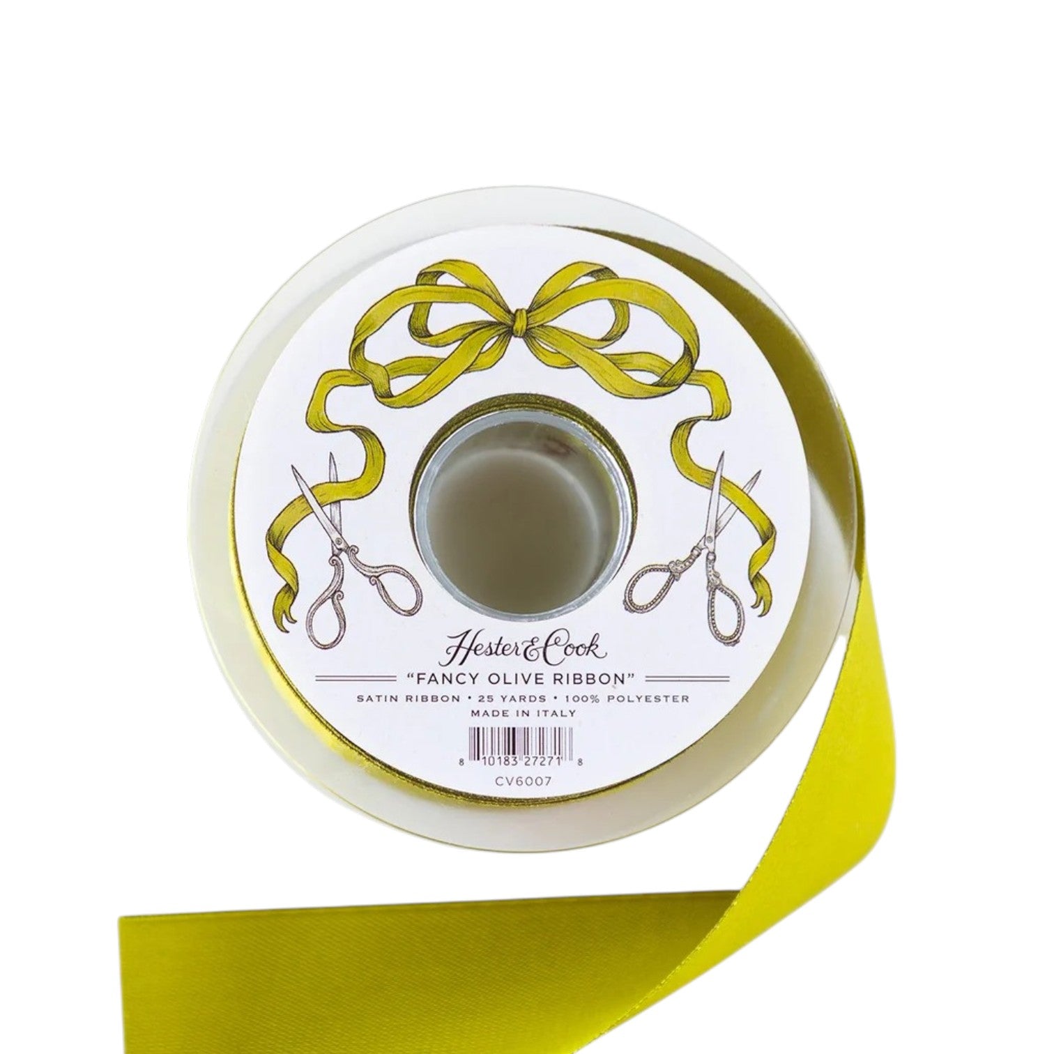 A spool of Hester & Cook Fancy Ribbon in olive green satin, ideal for gift wrapping, featuring a label with scissors and a bow.