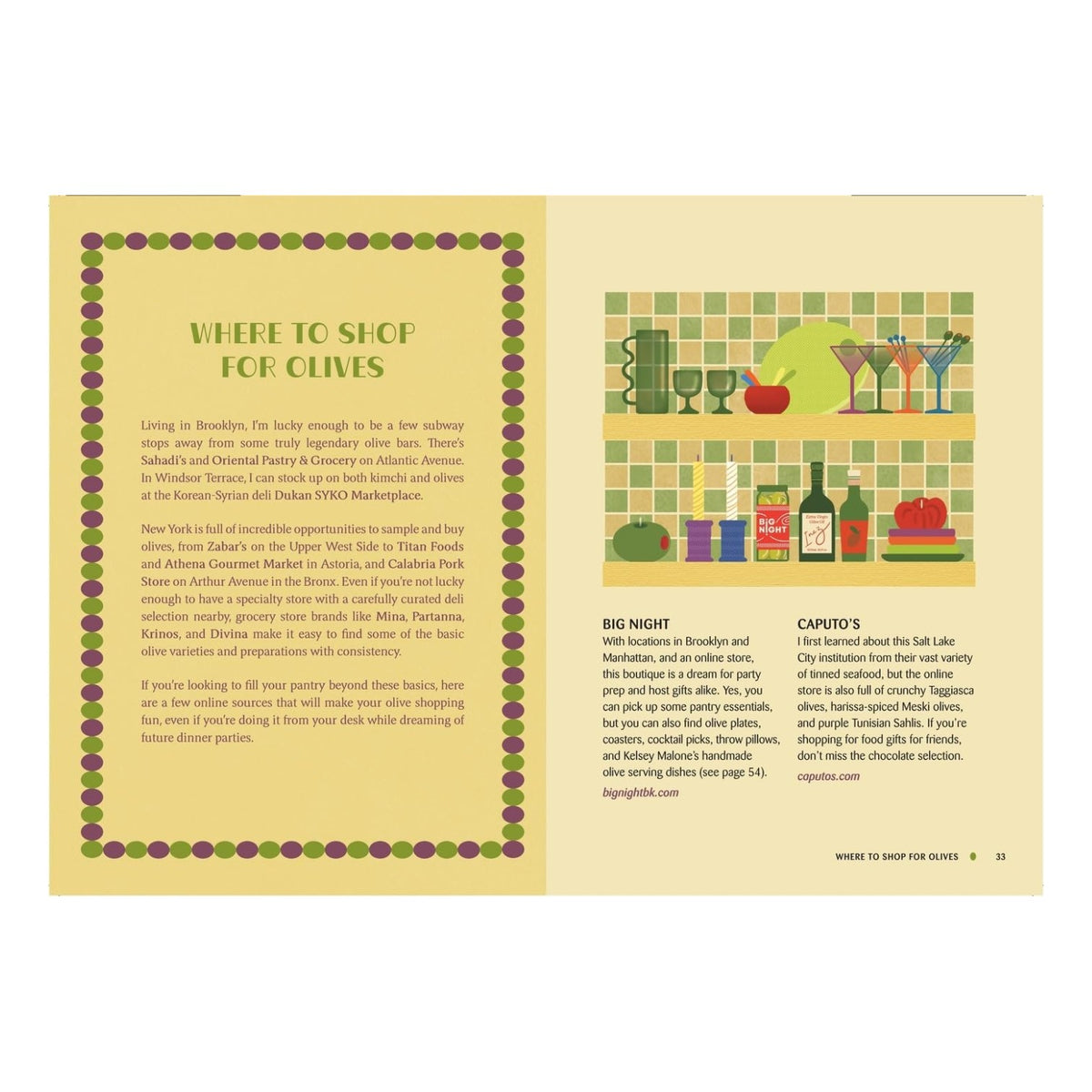 A two-page spread in The Little Book of Olives by Abrams lists olive shops, with a green-bordered box, buying guide, and illustrated shelves over tiled walls.