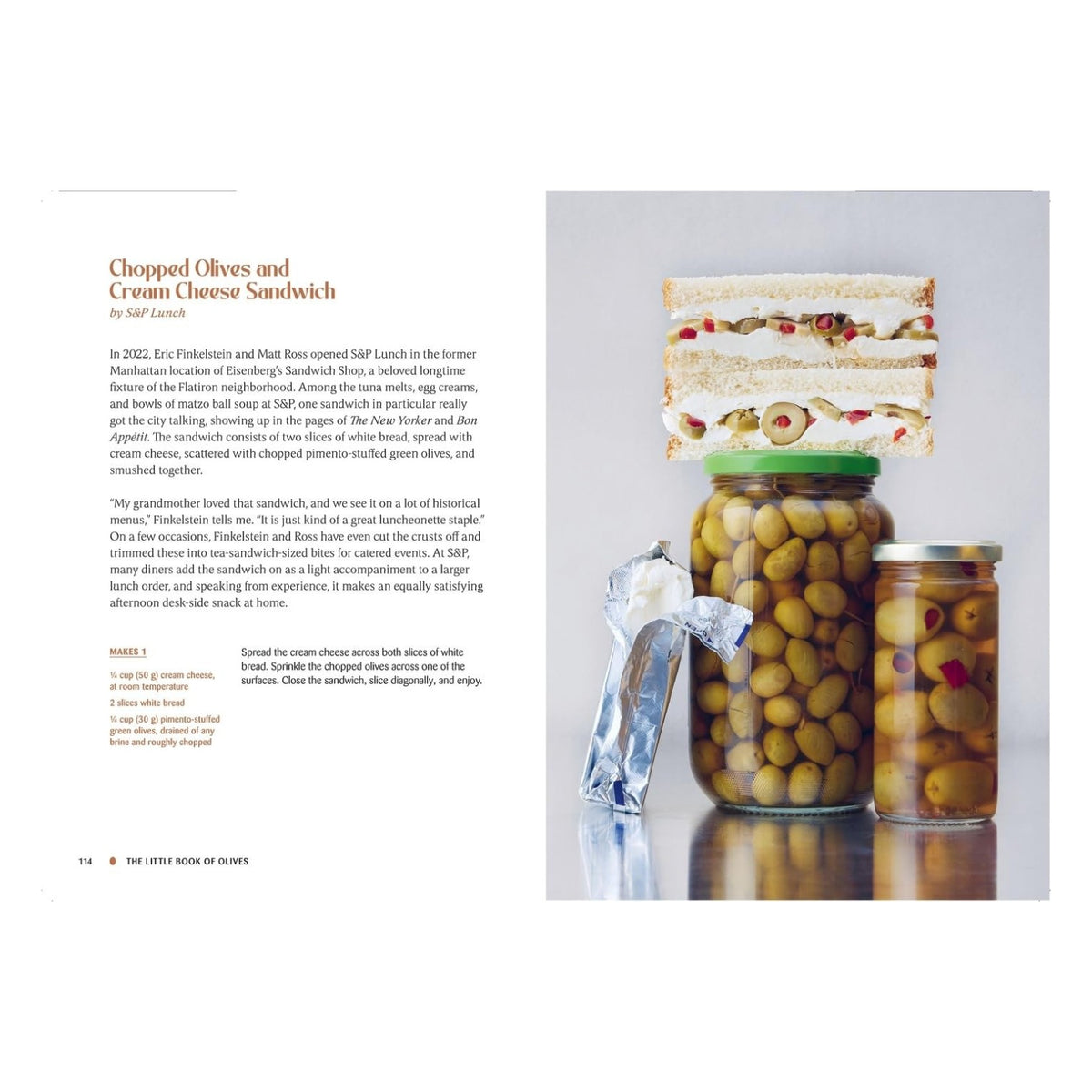 Enjoy a cream cheese and olive sandwich with The Little Book of Olives by Abrams—perfect for those seeking olive recipes or an olive buying guide.