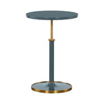 The Olsen Accent Table by Highland House is a round, blue-gray Scandinavian table with a central gold-tone metal post and a circular base.