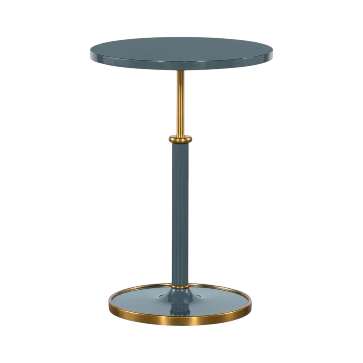The Olsen Accent Table by Highland House is a round, blue-gray Scandinavian table with a central gold-tone metal post and a circular base.