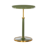 Olsen Accent Table in olive green with a round top, gold-tone central pedestal, and circular base.