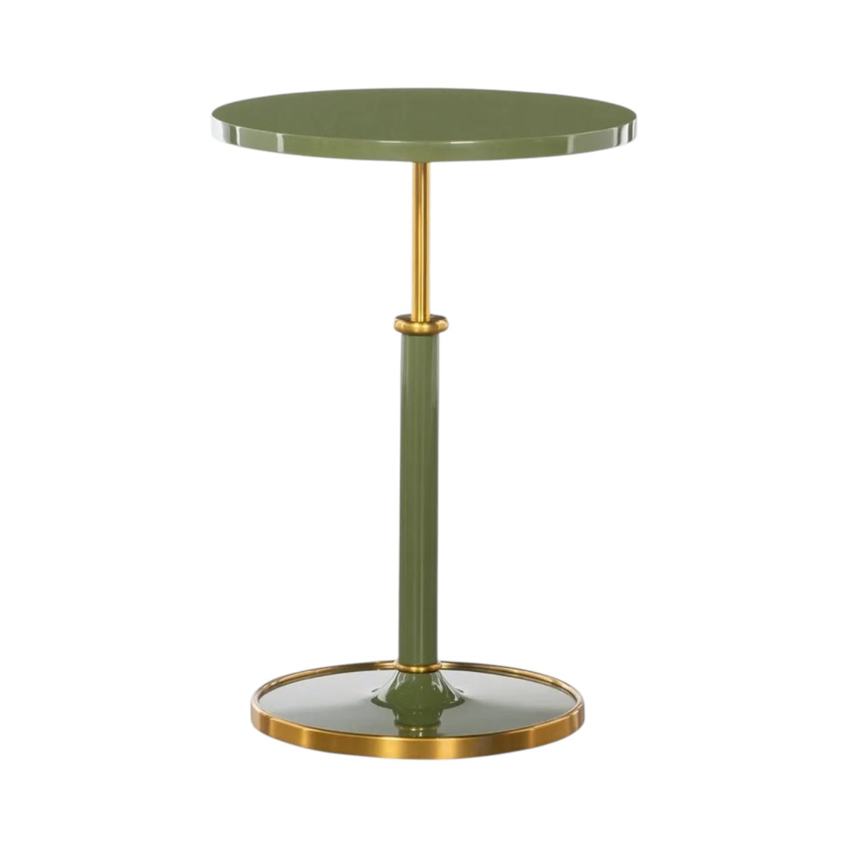 Olsen Accent Table in olive green with a round top, gold-tone central pedestal, and circular base.