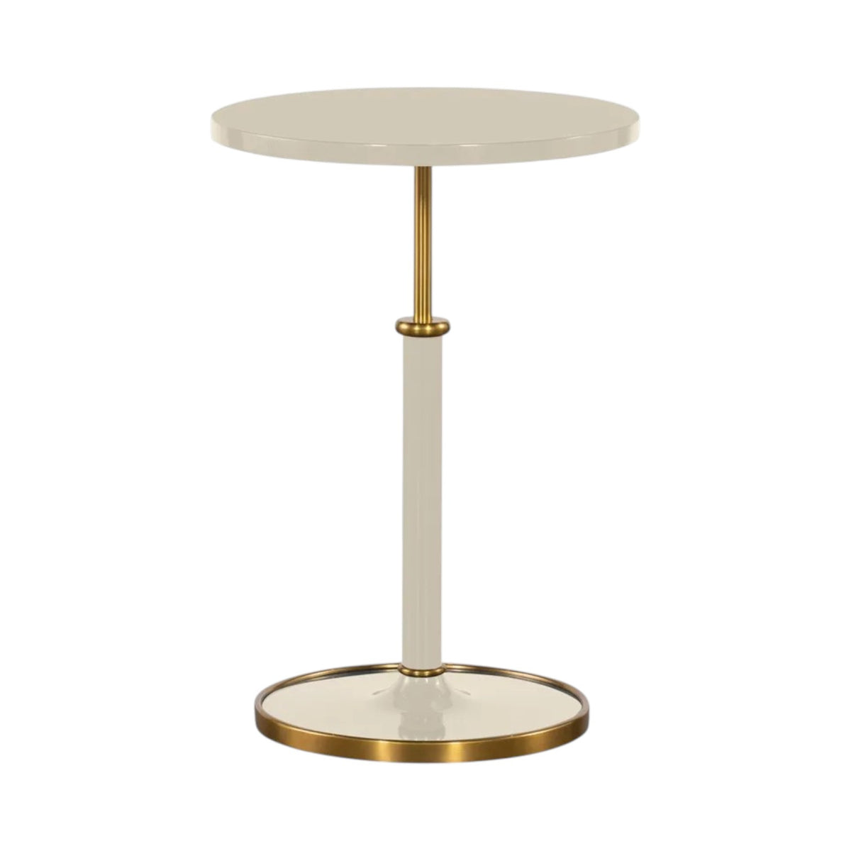 Highland House Olsen Accent Table, a round cream-colored lacquer table with a central post and a metallic brass base.