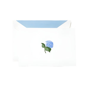 The Crane Blue Hydrangea Classic Card Set includes a white card with a blue hydrangea illustration and a matching white envelope lined in light blue—ideal for sending heartfelt notes to someone special.