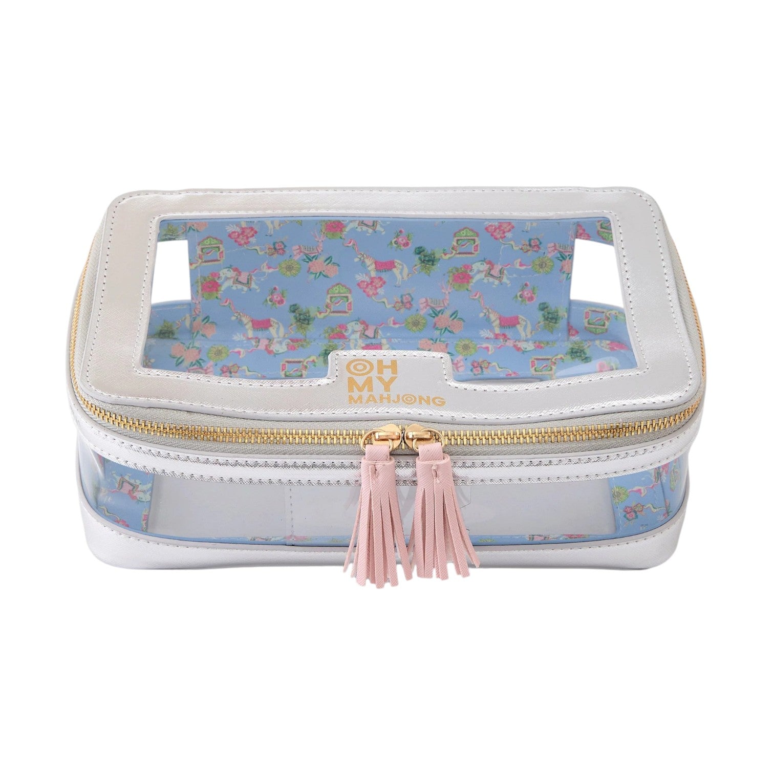 The Oh My Mahjong Tile Storage Bag is a clear rectangular organizer with white trim, pink tassel zipper pulls, and a blue floral interior featuring gold "OH MAHJONG" lettering—ideal for stylish tile storage.