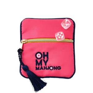 The Pink Coin & Dice Bag by Oh My Mahjong features strawberry pink fabric, black "OH MY MAHJONG" embroidery, a navy tassel zipper, and comes with two pink dice—stylish storage for your Mahjong accessories.