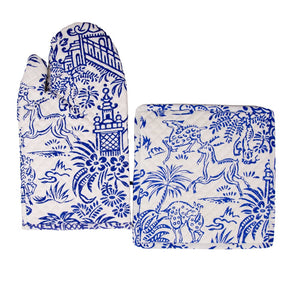 The Caspari Oven Mitt Collection features a blue and white cotton oven mitt and pot holder set with elegant animal and nature patterns.
