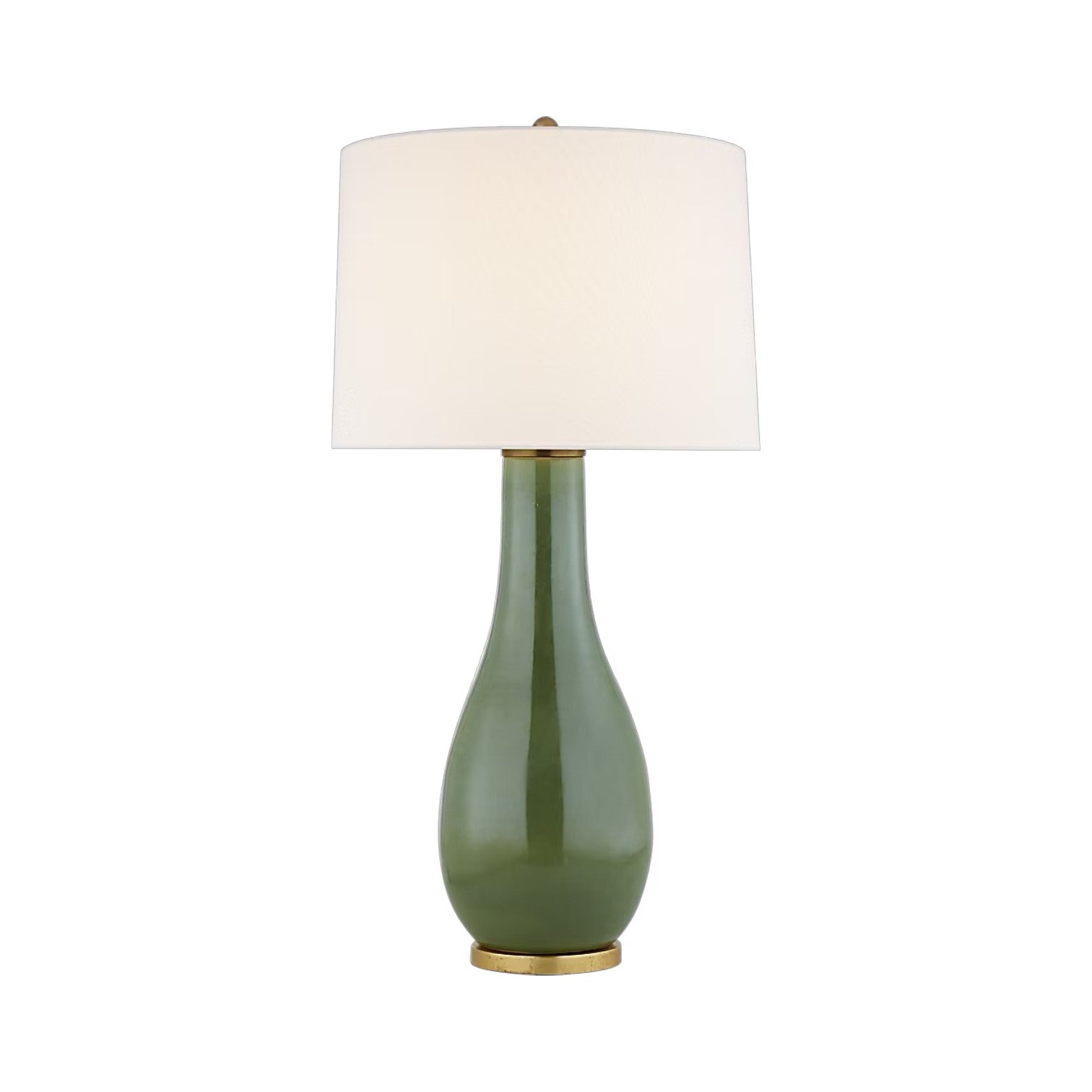 The Form Table Lamp, Shellish Kiwi by Visual Comfort features a glossy green ceramic base with gold accents and a white cylindrical shade, offering a sculptural look ideal for contemporary spaces.