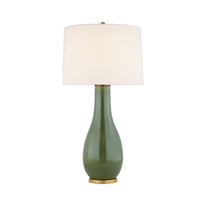 The Form Table Lamp, Shellish Kiwi by Visual Comfort features a glossy green ceramic base with gold accents and a white cylindrical shade, offering a sculptural look ideal for contemporary spaces.