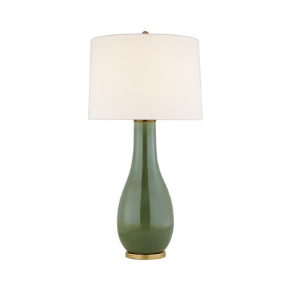 The Form Table Lamp, Shellish Kiwi by Visual Comfort features a glossy green ceramic base with gold accents and a white cylindrical shade, offering a sculptural look ideal for contemporary spaces.