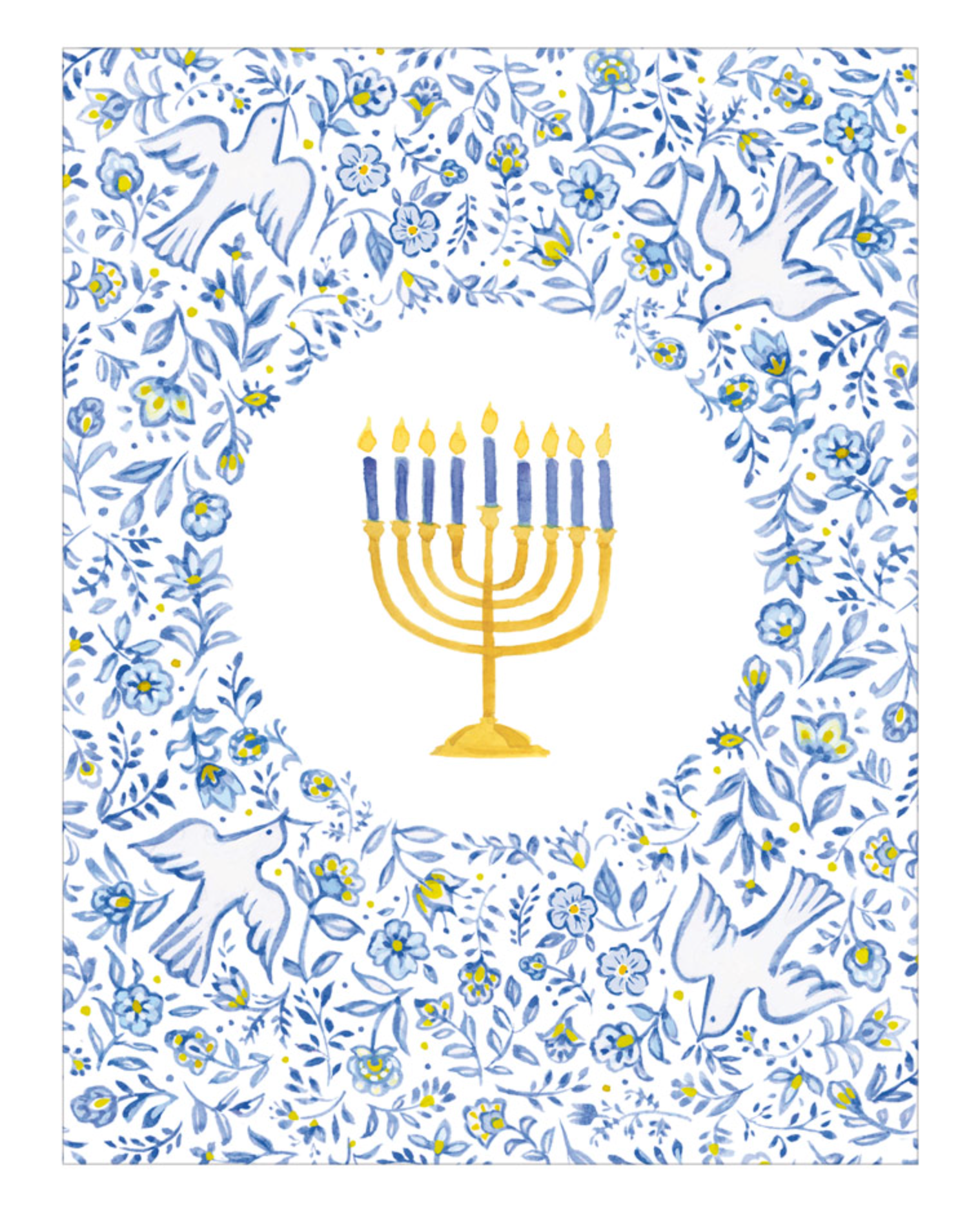 The Menorah and Doves Boxed Card Set by Caspari features a golden menorah with eight blue candles and one yellow candle, centered in a floral and dove-patterned blue and white border—making it an ideal choice for greeting cards crafted on FSC-certified cardstock.