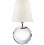 The Terri Large Round Table Lamp in Crystal by Visual Comfort features a clear crystal base and a white linen shade, shown against a plain background.