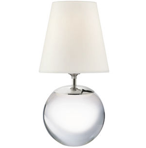 The Terri Large Round Table Lamp in Crystal by Visual Comfort features a clear crystal base and a white linen shade, shown against a plain background.