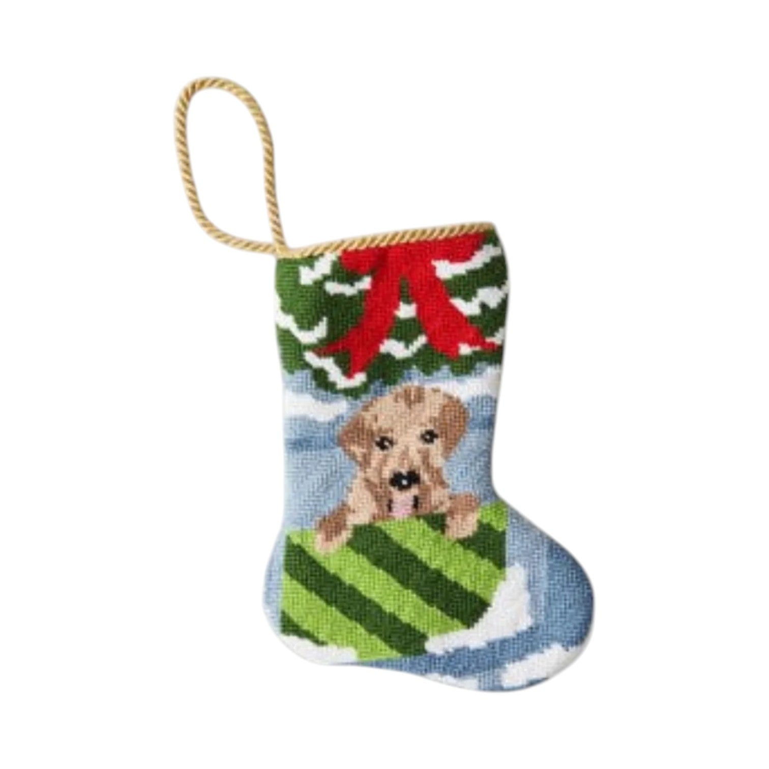 The Bauble Stockings "Open for Joy! Needle Point Stocking" is a hand-stitched ornament featuring a brown puppy in a green gift box with red bow and gold hanging loop—a delightful Christmas addition to your tree.